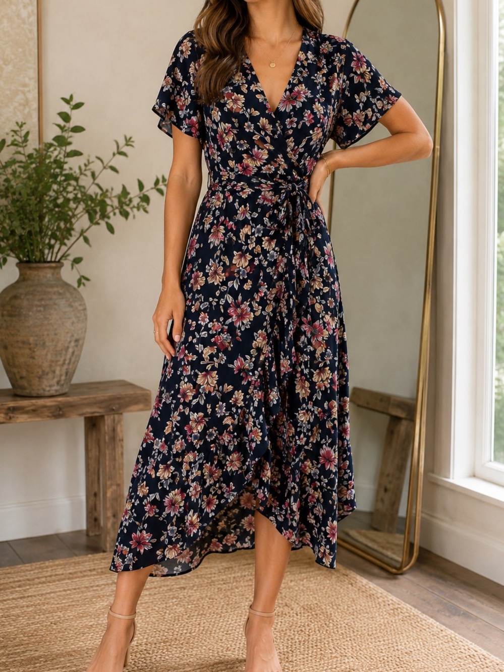 Amour Vert Silk Floral Wrap Dress XS Navy Midi Tie Waist